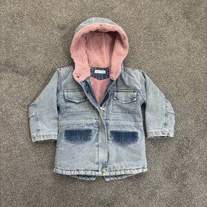 Alex + Nova light blue denim hooded coat with pink fur